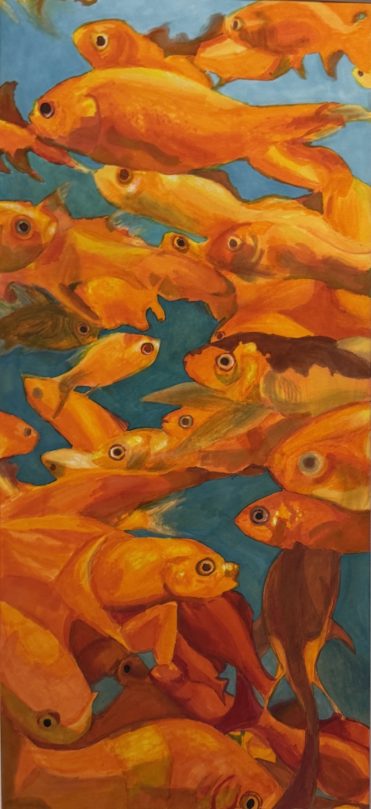 fish, a painting of a dense school of goldfish crowding the frame, by Amelia Weeks